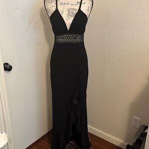 Bebe Black Cutout Waist Ruffle Maxi Dress Formal Contemporary Feminine Event